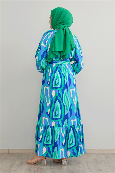 Oval Şeritli Kemerli Yeşil Viskon Elbise