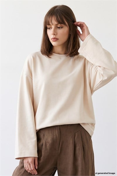 Oversize Geniş Kol Bej Sweat