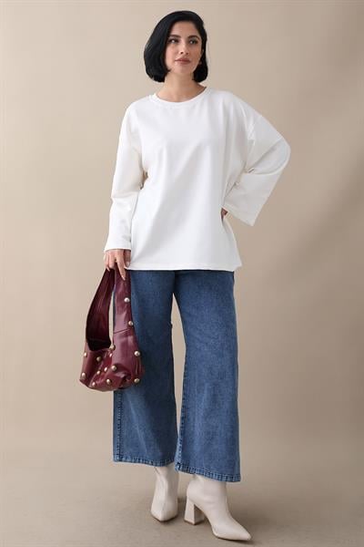 Oversize Geniş Kol Beyaz Sweat
