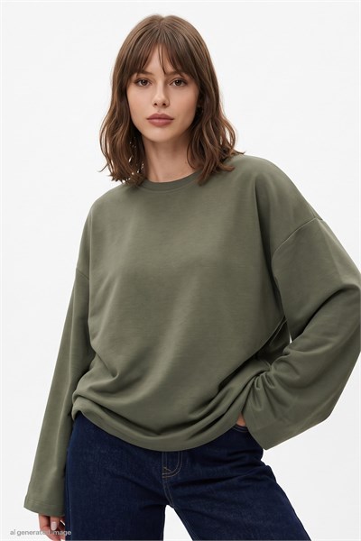 Oversize Geniş Kol Haki Sweat