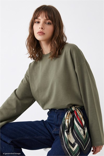 Oversize Geniş Kol Haki Sweat