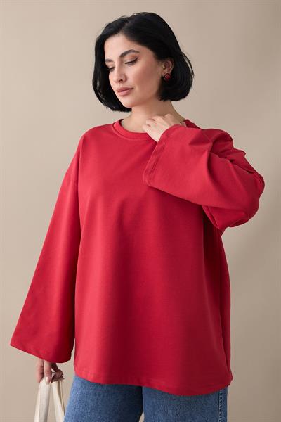 Oversize Geniş Kol Kırmızı Sweat