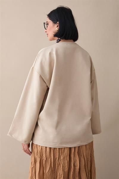 Oversize Geniş Kol Koyu Bej Sweat