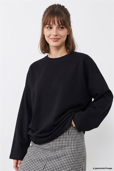Oversize Geniş Kol Siyah Sweat