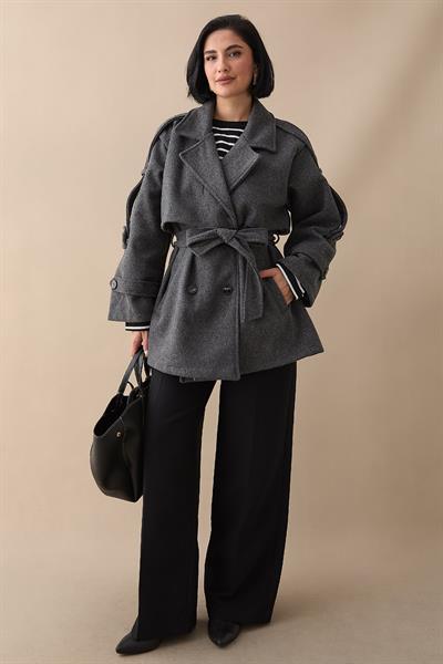 Oversize Kaşe Kumaş Antrasit Kısa Kaban