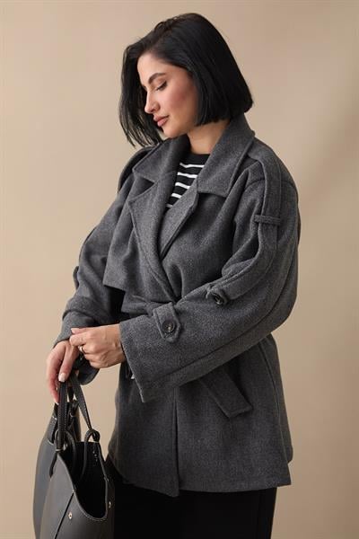 Oversize Kaşe Kumaş Antrasit Kısa Kaban