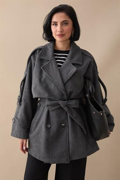 Oversize Kaşe Kumaş Antrasit Kısa Kaban