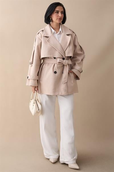 Oversize Kaşe Kumaş Pudra Kısa Kaban