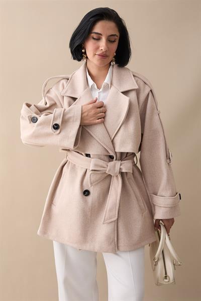 Oversize Kaşe Kumaş Pudra Kısa Kaban