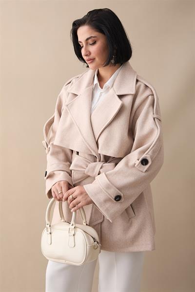 Oversize Kaşe Kumaş Pudra Kısa Kaban