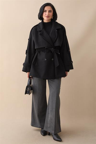 Oversize Kaşe Kumaş Siyah Kısa Kaban