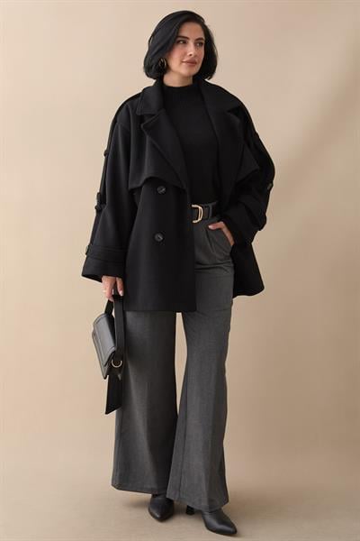 Oversize Kaşe Kumaş Siyah Kısa Kaban