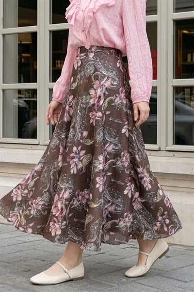Paisley Desen Şifon Saten Etek Kahverengi