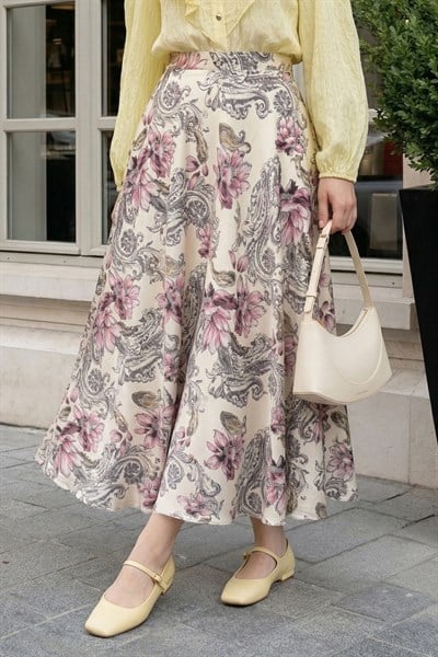Paisley Desen Şifon Saten Etek Pudra