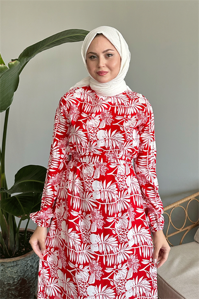Palmiye Desen Kırmızı Viskon Elbise