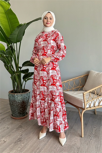 Palmiye Desen Kırmızı Viskon Elbise
