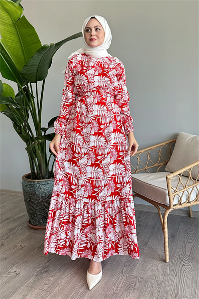 Palmiye Desen Kırmızı Viskon Elbise
