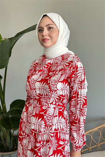 Palmiye Desen Kırmızı Viskon Elbise