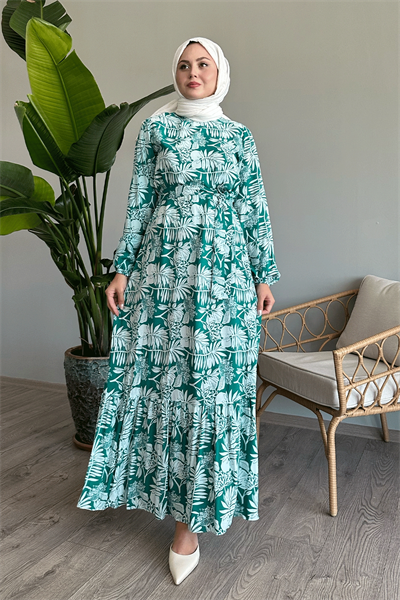 Palmiye Desen Mint Yeşili Viskon Elbise