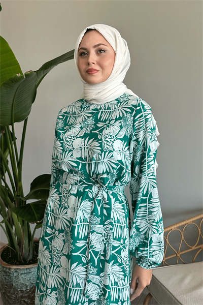 Palmiye Desen Mint Yeşili Viskon Elbise