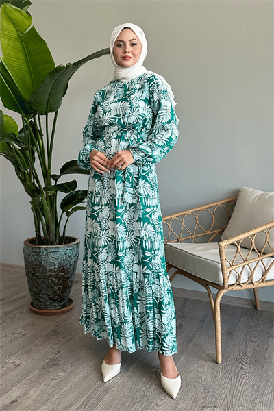 Palmiye Desen Mint Yeşili Viskon Elbise