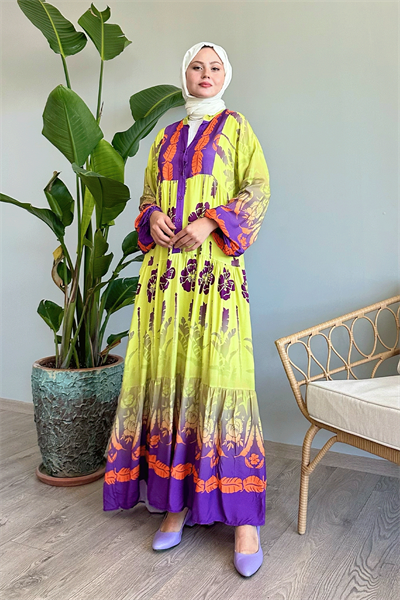 Renkli Palmiye Desen Sarı Viskon Elbise