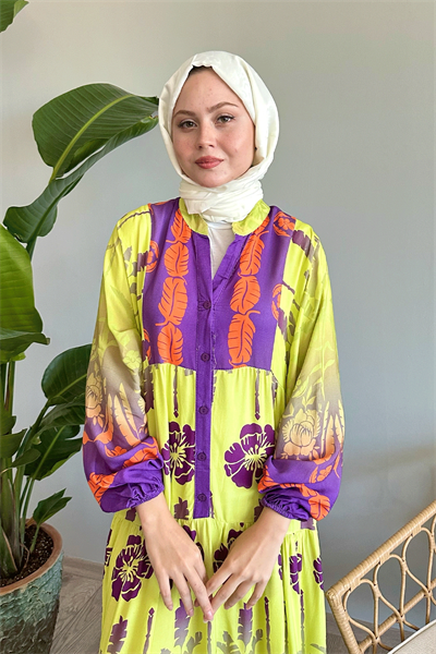 Renkli Palmiye Desen Sarı Viskon Elbise