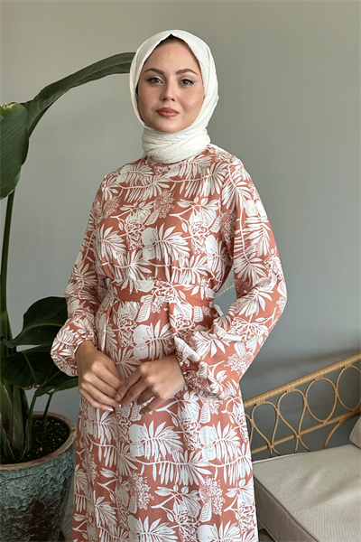 Palmiye Desen Somon Viskon Elbise