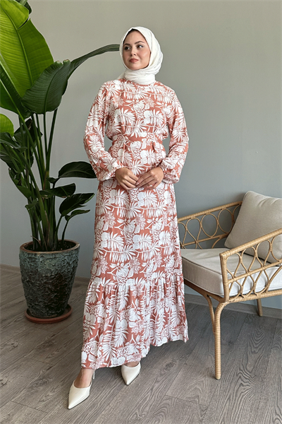 Palmiye Desen Somon Viskon Elbise