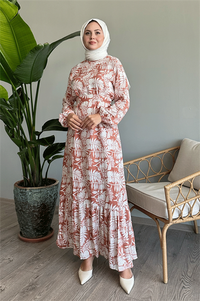 Palmiye Desen Somon Viskon Elbise