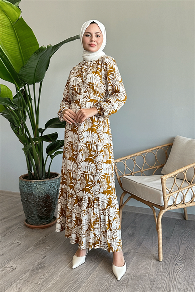 Palmiye Desen Yağ Yeşili Viskon Elbise