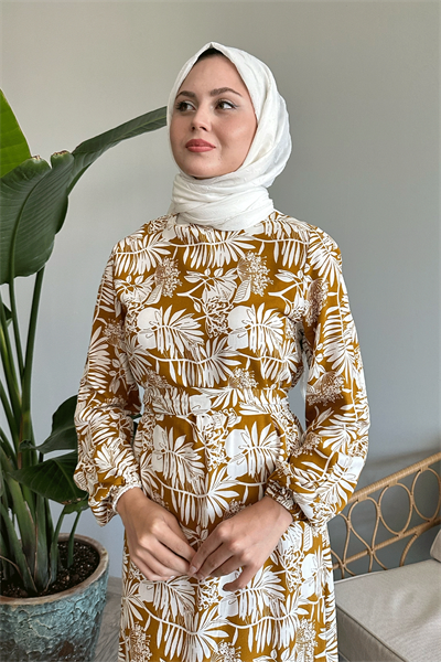 Palmiye Desen Yağ Yeşili Viskon Elbise