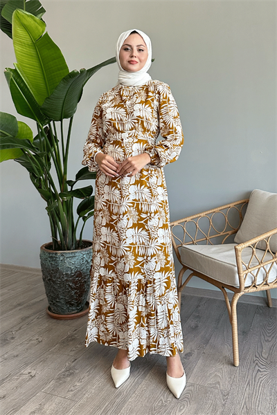 Palmiye Desen Yağ Yeşili Viskon Elbise