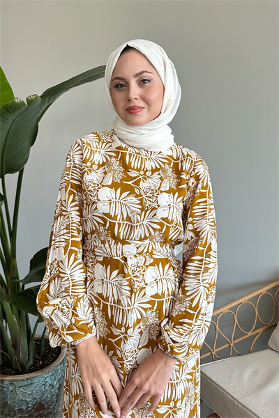 Palmiye Desen Yağ Yeşili Viskon Elbise