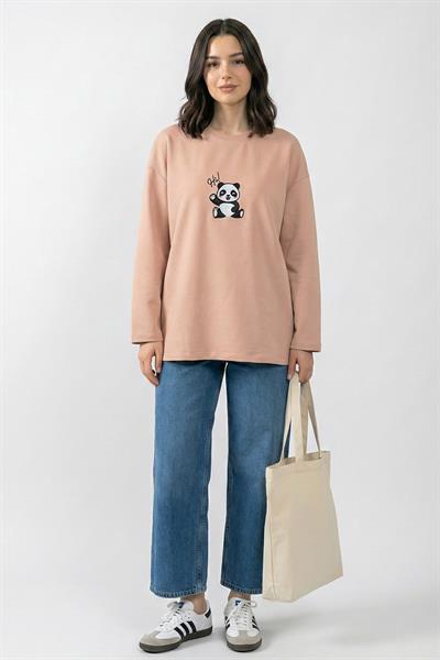 Panda Nakışlı Oversize Somon Sweat