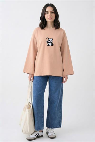 Panda Nakışlı Oversize Somon Sweat