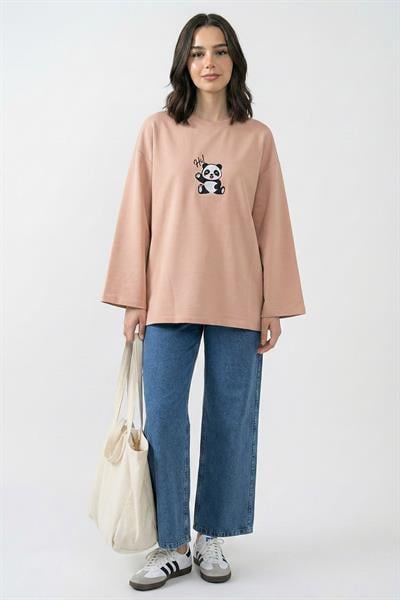 Panda Nakışlı Oversize Somon Sweat
