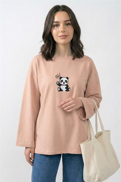 Panda Nakışlı Oversize Somon Sweat