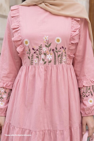 Papatya Nakışlı Pembe Elbise