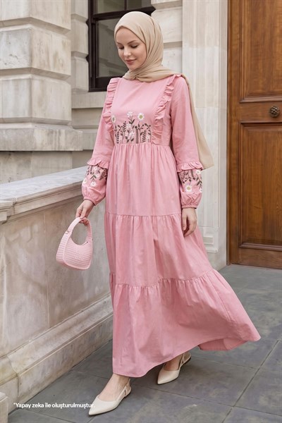 Papatya Nakışlı Pembe Elbise