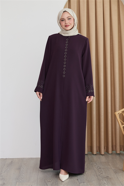 Papatya Taşlı Mor Ferace