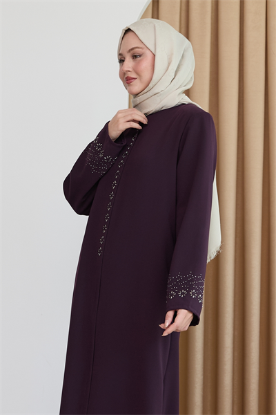 Papatya Taşlı Mor Ferace