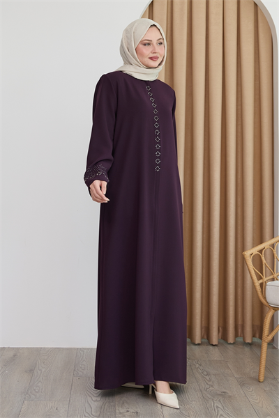 Papatya Taşlı Mor Ferace