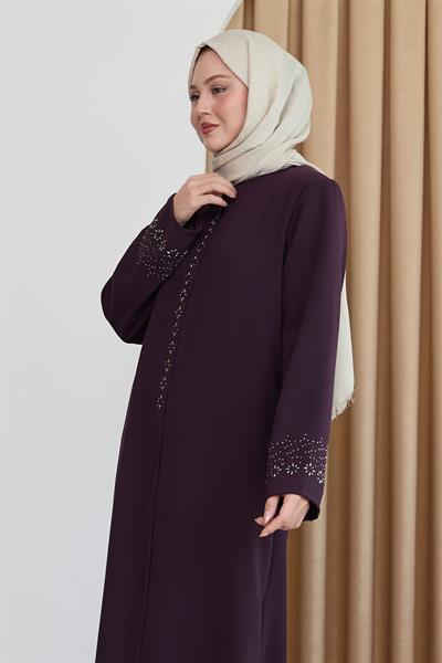 Papatya Taşlı Mor Ferace