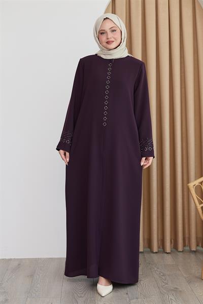 Papatya Taşlı Mor Ferace