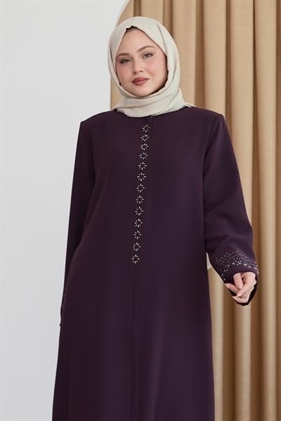 Papatya Taşlı Mor Ferace