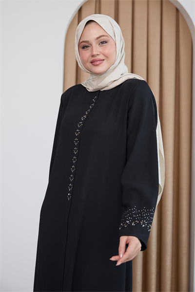 Papatya Taşlı Siyah Ferace