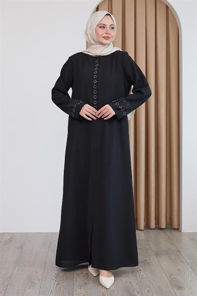 Papatya Taşlı Siyah Ferace