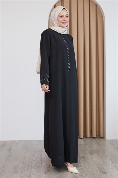 Papatya Taşlı Siyah Ferace