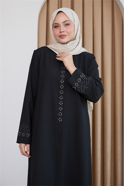 Papatya Taşlı Siyah Ferace